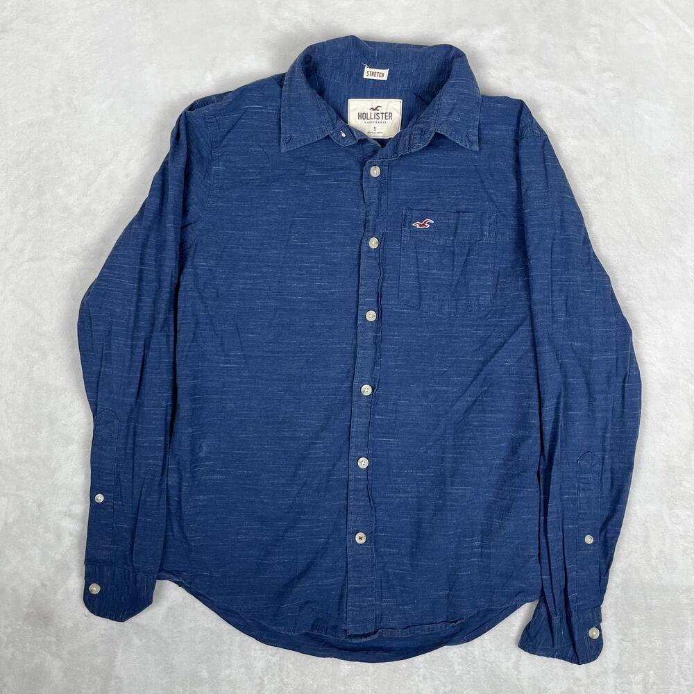 Hollister Shirt Mens Small Blue Solid Long Sleeve Button Front Stretch Casual